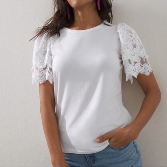 Chico's Tops - Chico’s Tier Sleeve Lace Sleeve Embroidered Tee White Chico Blouse Top 3 XL